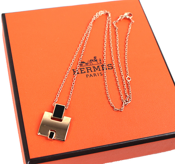 エルメス　HERMES　アイリーン Hネックレス ペンダント Hロゴ PGP ピンクゴールドプレーテッド ブラック　q544_画像1