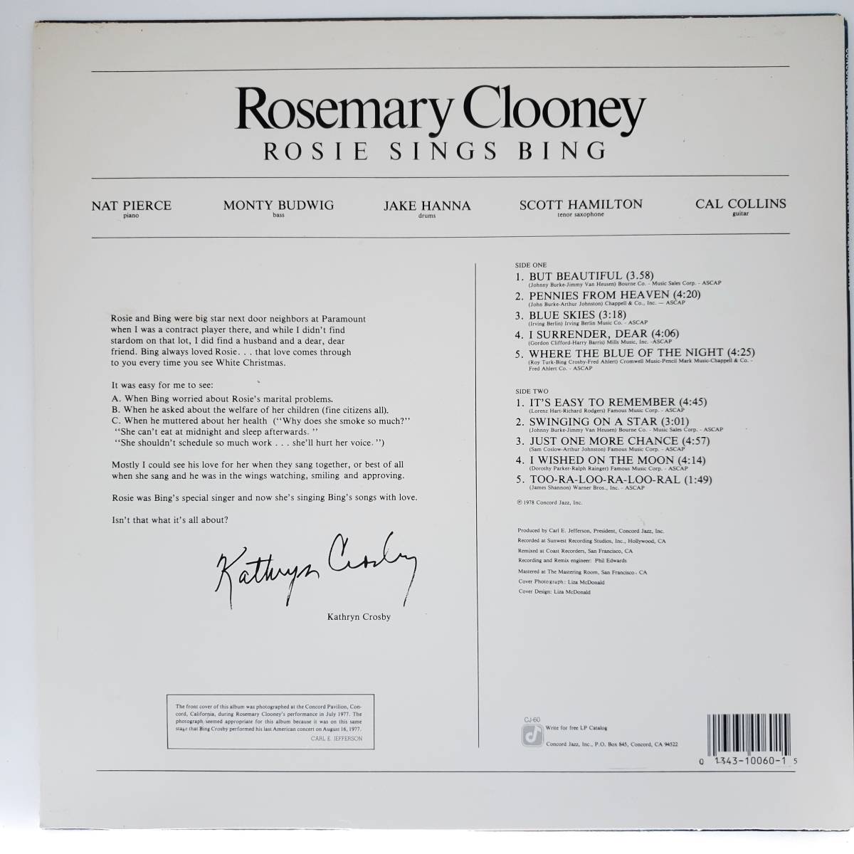 良盤屋◆LP◆Jazz；US 輸入盤 ローズマリー・クルーニー　Rosemary Clooney/Rosie Sings Bing /1978 ◆Pop Vocal◆J-2959_画像2