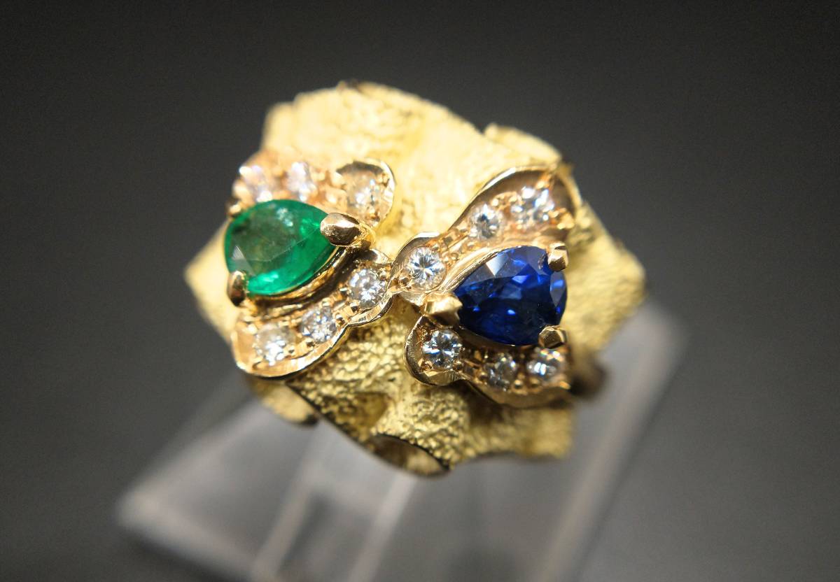 卓抜 K18 リング 9.8g ダイヤモンド 0.23ct エメラルド サファイア