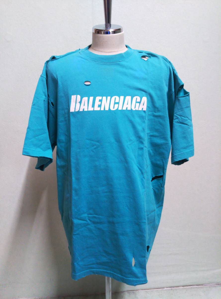 BALENCIAGA バレンシアガ / デストロイダメージ Tシャツ 半袖 青緑