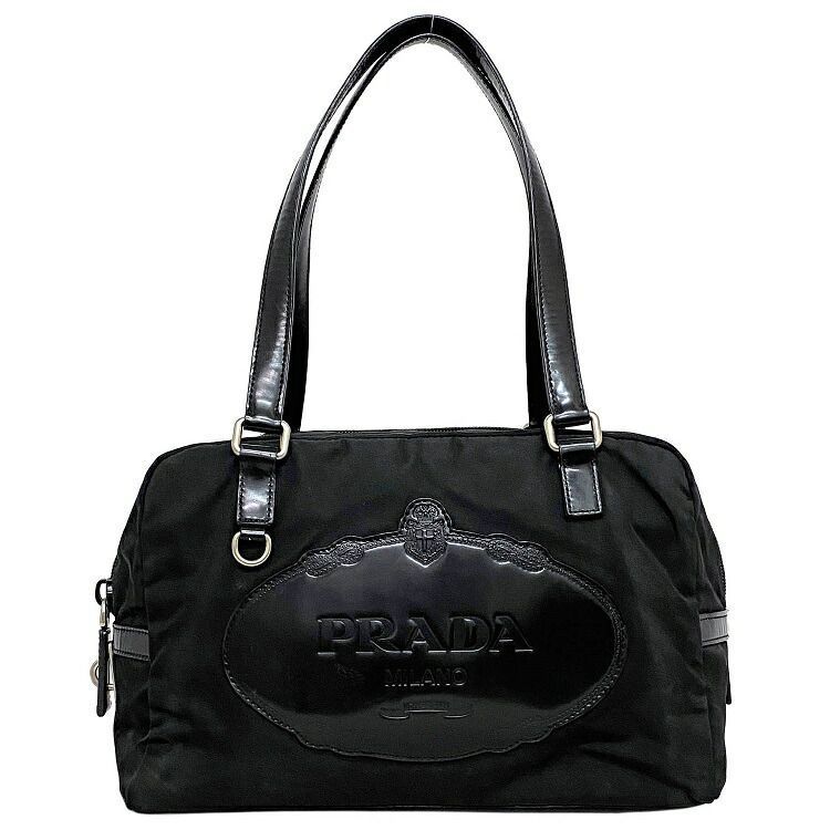 プラダ ミニ ボストンバッグ ブラック シルバー BR3150 ハンドバッグ ナイロン レザー 中古 PRADA ロゴ_画像1