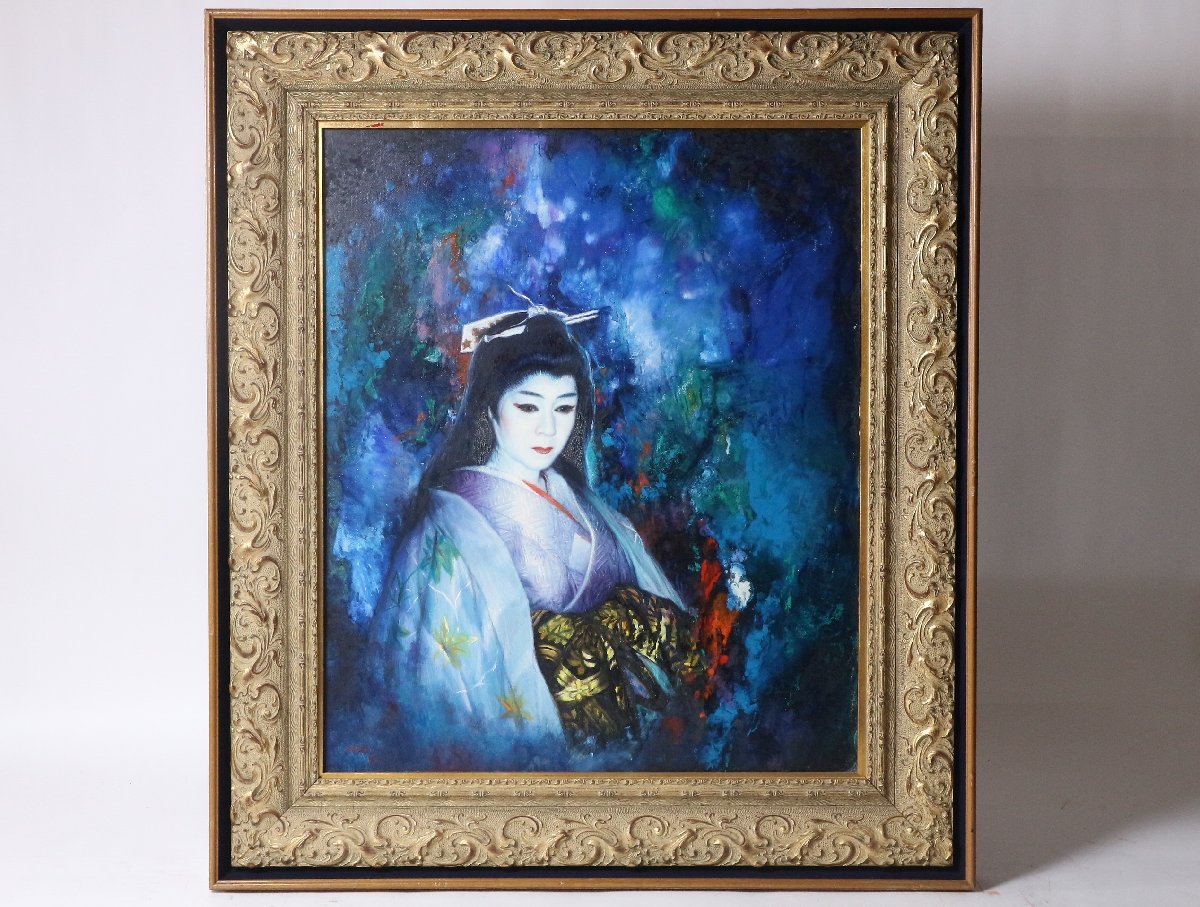  north river regular [ Japanese clothes. woman ( blue )] 1977 year work oil painting . large frame goods F20 number / portrait painting beauty picture . image . rear rhythm 