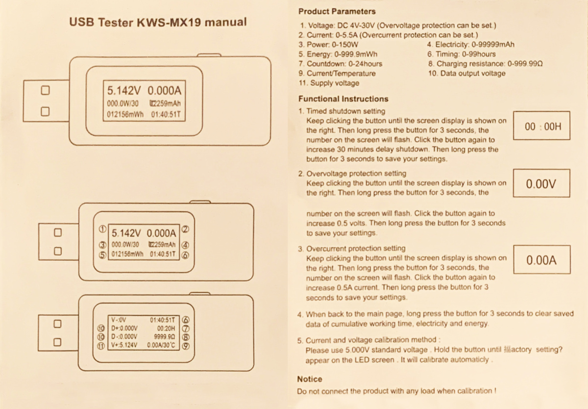 USB テスター 0-5.1A USB 電流 電圧 テスター チェッカー 4-30V DC表示 充電器検出器 KWS-MX19【ホワイト】の画像5