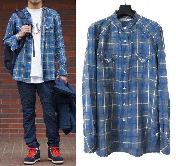 定価3.2万 nonnative ノンネイティブ TONE ON TONE CHECK RANCHER SHIRT 2 ブルー系 ノーカラー ウエスタン チェック ネルシャツ エクセラ_画像1