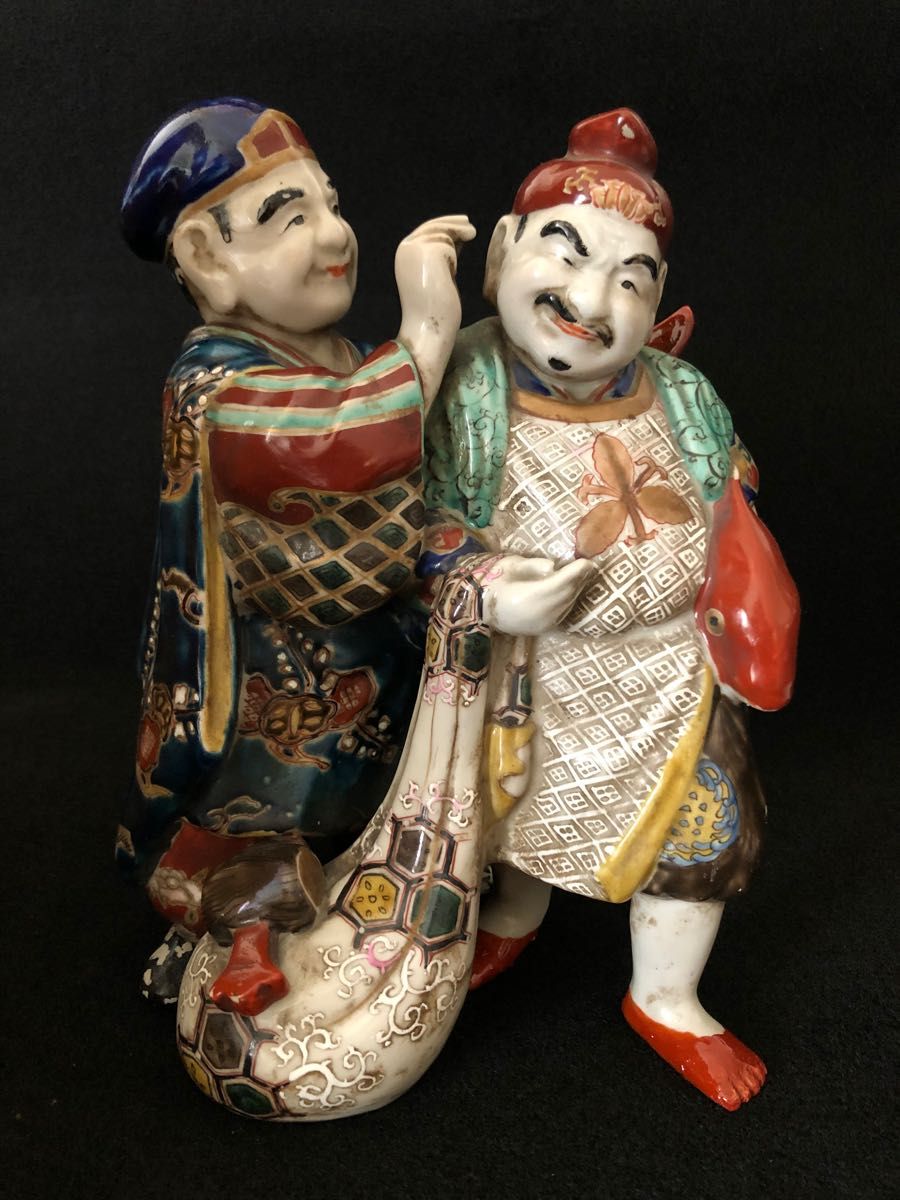 古美術 古い金彩色絵大黑天恵比寿置物 七福神 開運招福 縁起物 商売繁盛-