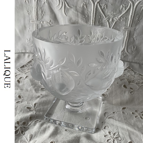 LALIQUE　フランスクリスタルガラス　鳥　バード　フット ペデスタル ボウル 花瓶　ヴィンテージ