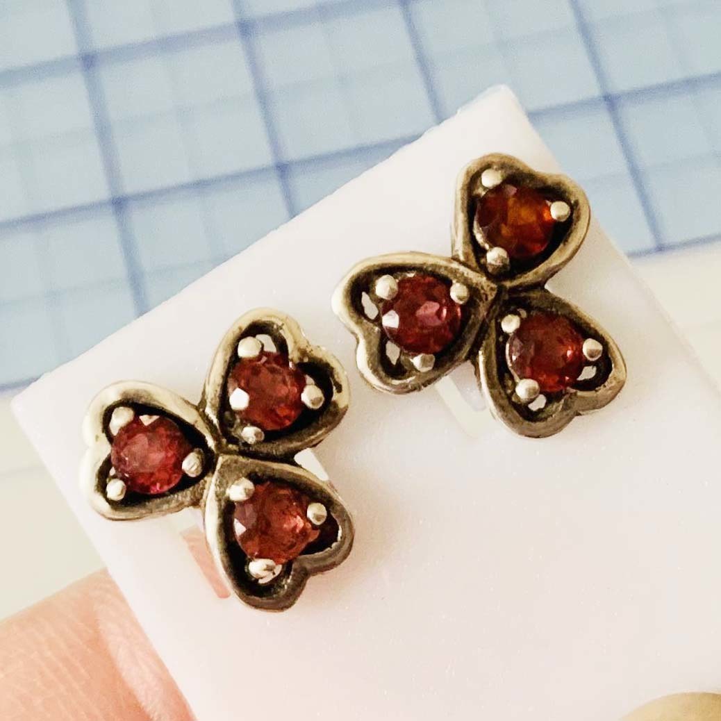  beautiful goods natural garnet three leaf 925 silver silver made earrings No.5448