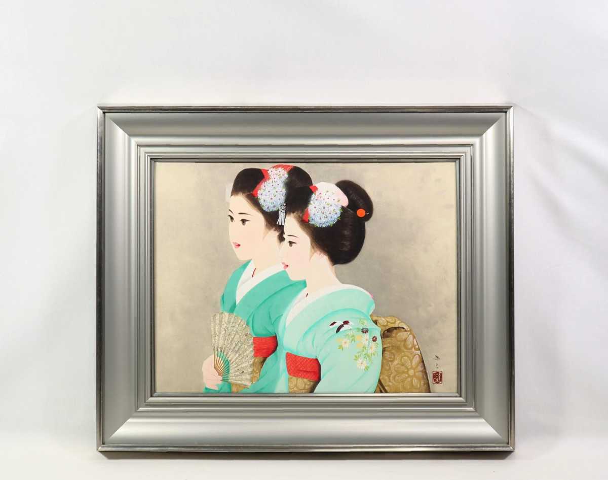 真作清水達三傑作日本画「二人舞妓」画10号和歌山県出身日本芸術