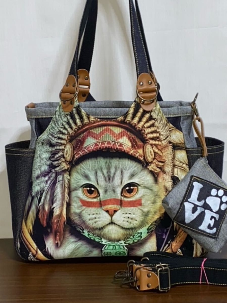 ハンドメイド☆岡山デニム☆インディアン猫☆リュック対応☆4wayあおり