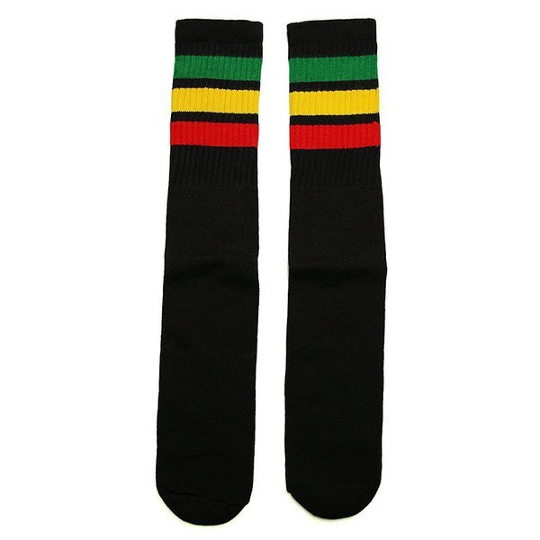 SkaterSocks ロングソックス 靴下 Mid calf Black tube sock with Green-Gold-Red stripes style 1 (19インチ) ラスタ レゲエの画像1