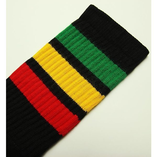 SkaterSocks ロングソックス 靴下 Mid calf Black tube sock with Green-Gold-Red stripes style 1 (19インチ) ラスタ レゲエの画像2