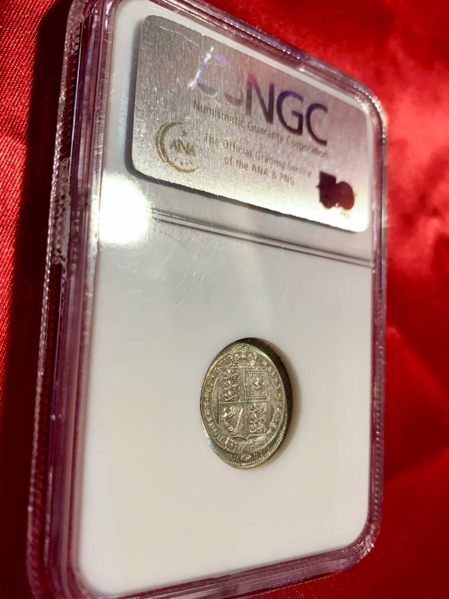 幸運の6ペンス★高鑑定　ブルートーン　1887　イギリス　銀貨　NGC　MS63　ヴィクトリア　ジュビリーヘッド　シールド　アンティークコイン_画像8