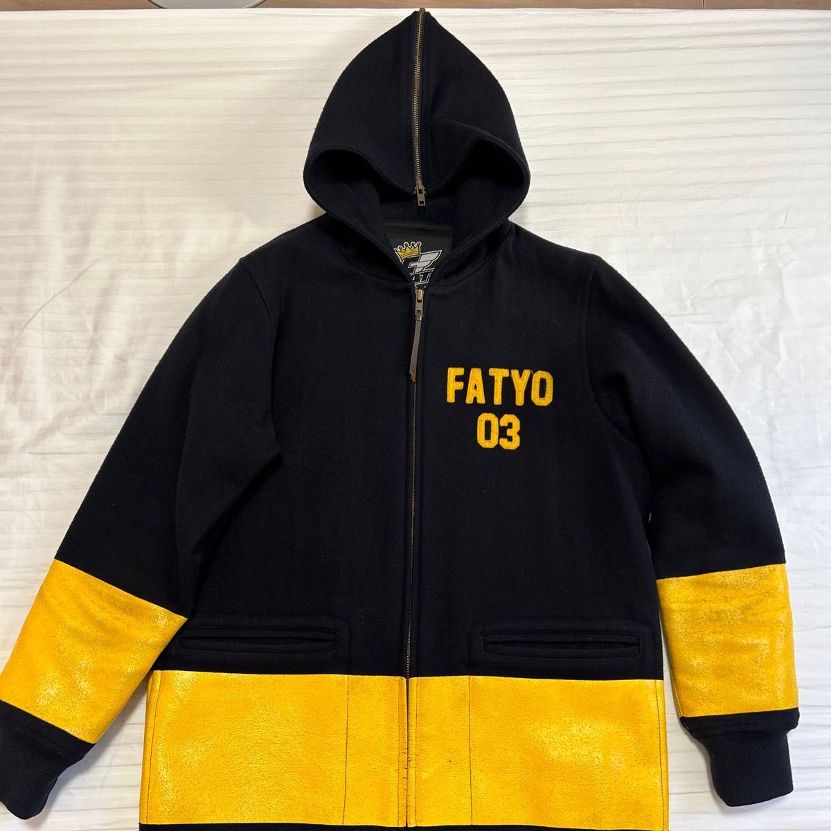 ジップアップパーカーFAT、ネイビー、イエロー、ビンテージ、エフエーティ、FATYO.03、サイズティッチ、サイズTITCH、