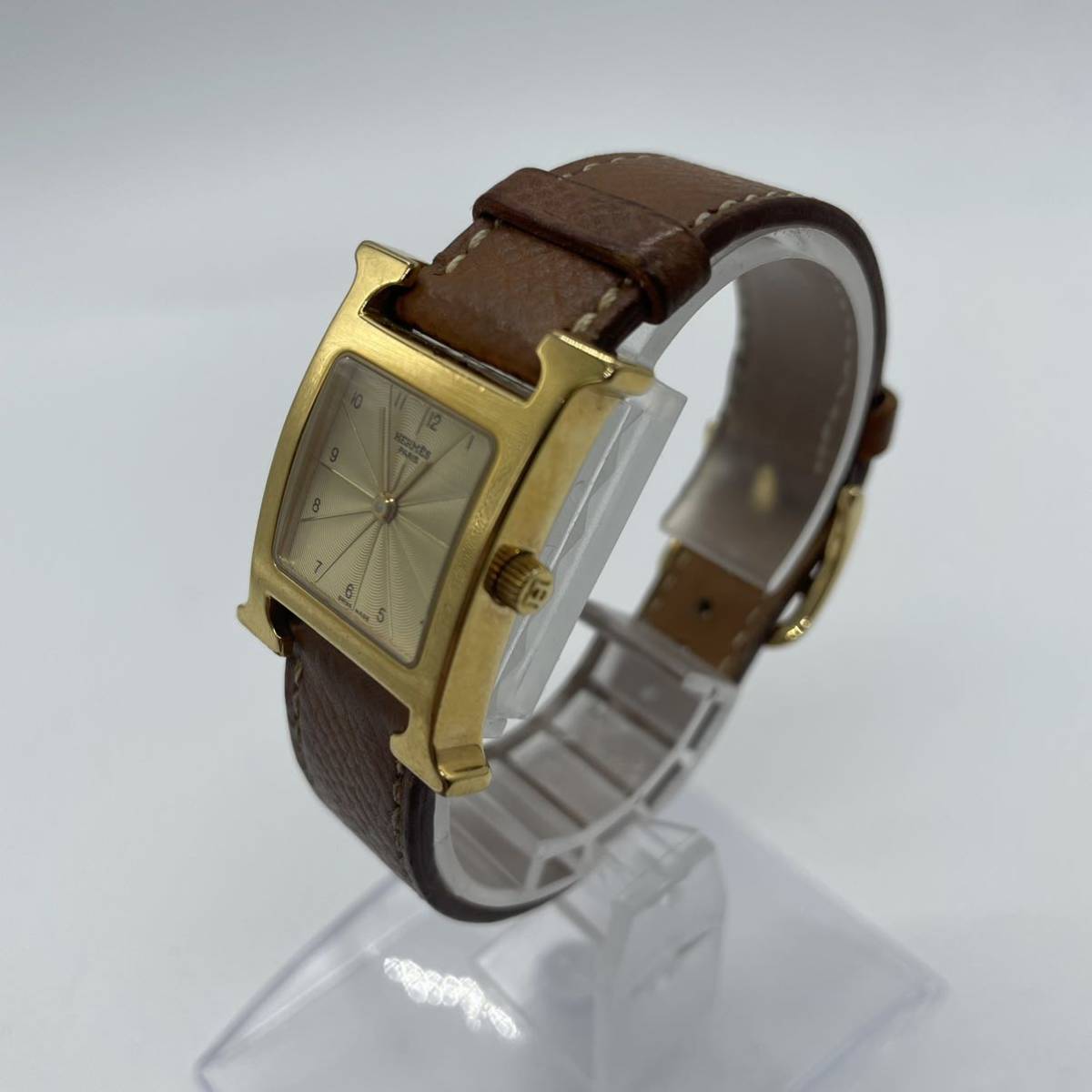 HERMES エルメスHウォッチ ゴールド×ブラウンレザー-