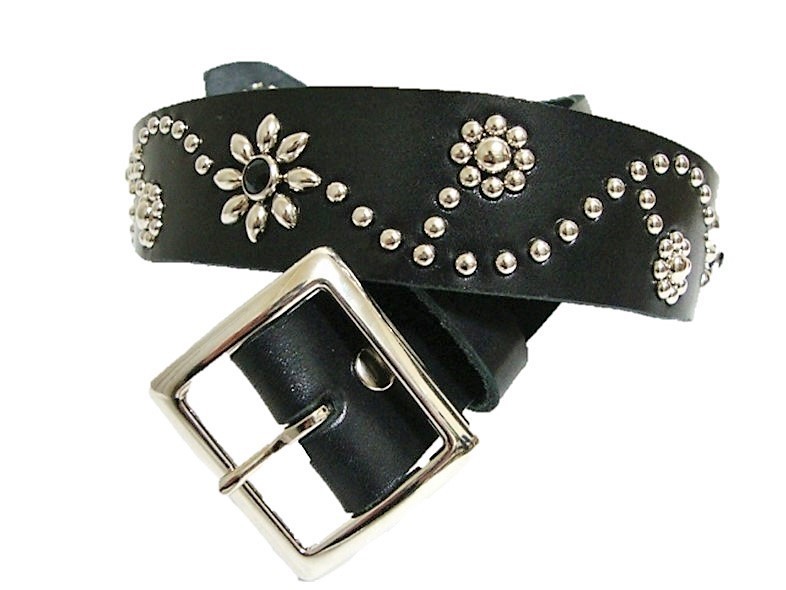  Tochigi leather flower type studs belt black black spo tsu made in Japan hand made 