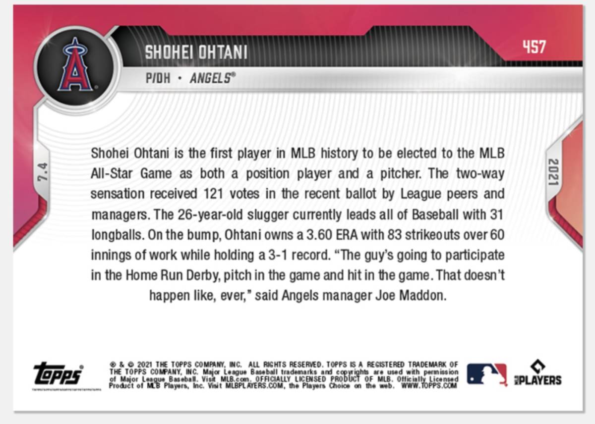 Topps Now MLB 2021.07.04 Card 457 Shohei Ohtani 大谷翔平_画像2