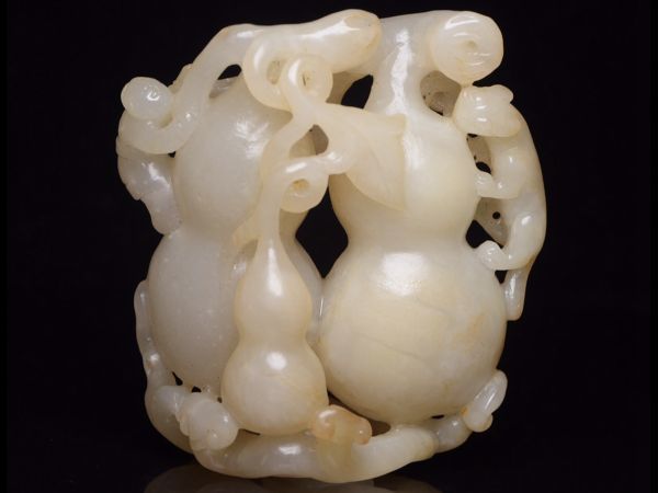 【瓏】和田玉 彫 古獣葫蘆擺件 時代物 極細工 手彫り 置物 賞物 中国古美術 蔵出
