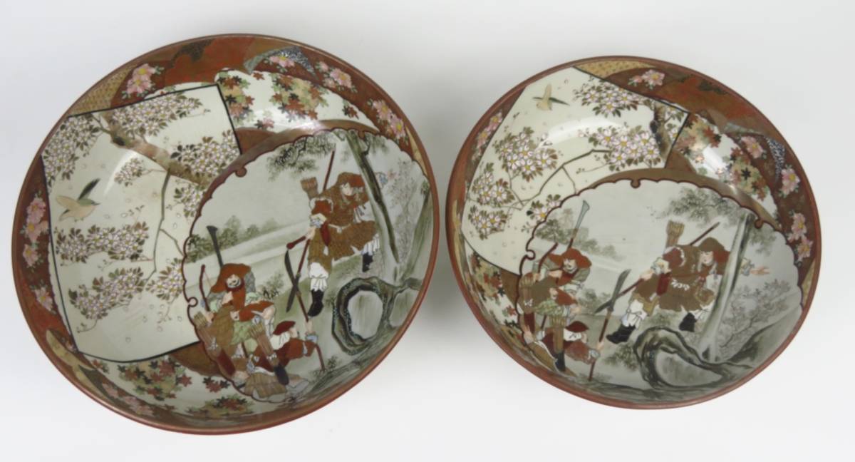 時代 金襴手 色絵金彩細密絵付花鳥武者図 鉢 2枚セット/九谷焼 高田画