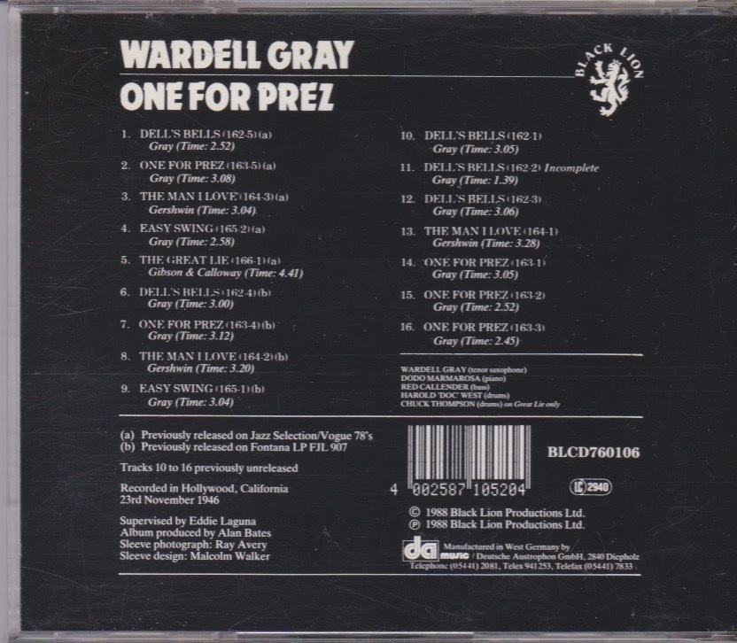 WARDELL GRAY - ONE FOR PREZ BLACK LION_画像2