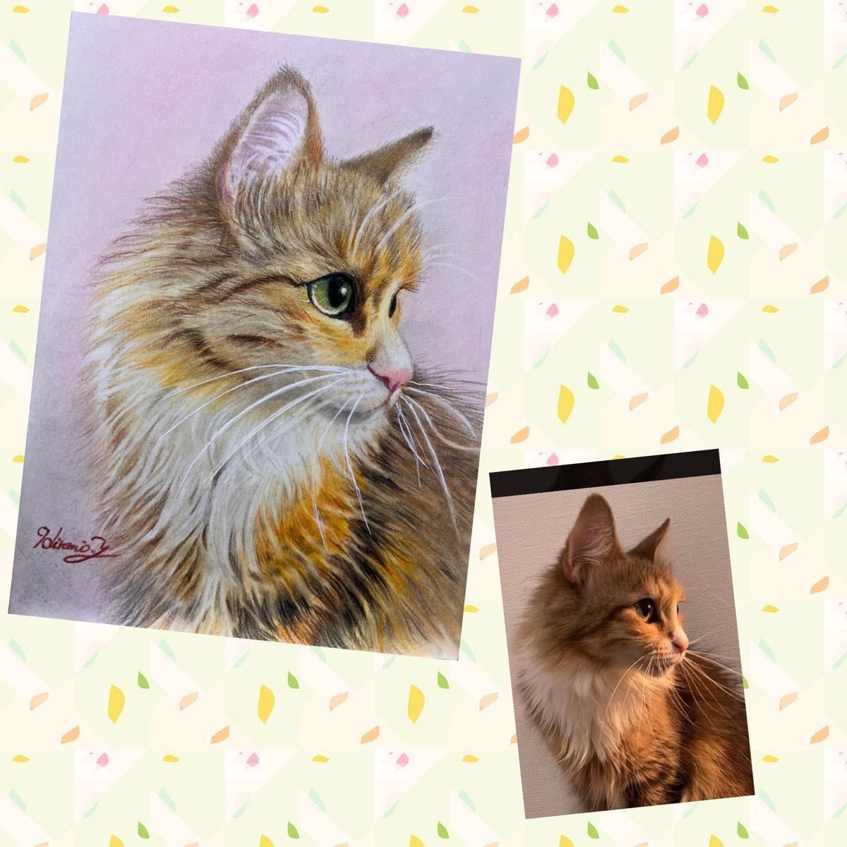 オーダー可　手描き　原画　イラスト　色鉛筆画　パステル画　ペット　動物　ねこ　猫　犬　プードル　似顔絵　肖像画　