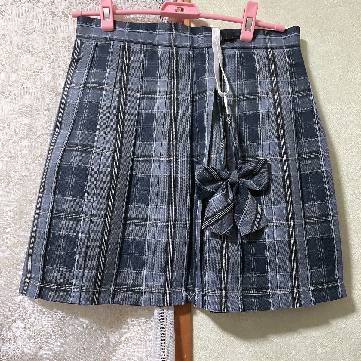 【新品155XL】リボンつき　なんちゃって制服スカート　チェックプリーツスカート