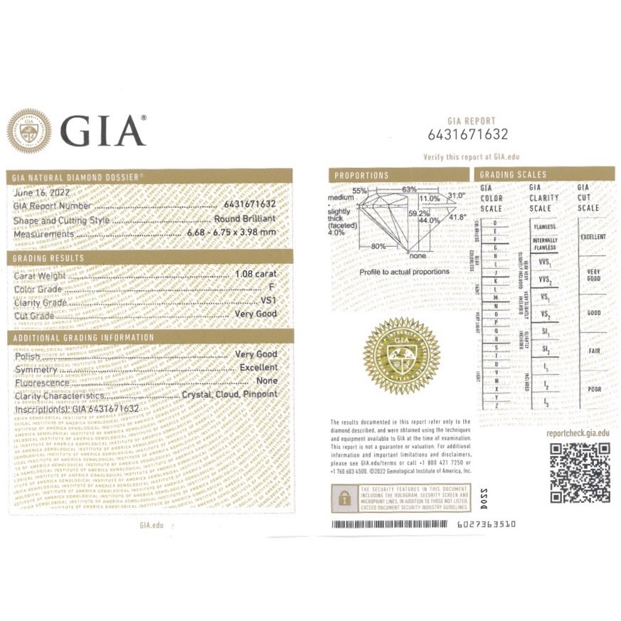 【1点限定】 天然ダイヤモンド ルース 1.08ct Fカラー VS-1 VERY GOOD NONE GIA鑑定書付き 天然石 裸石 送料無料
