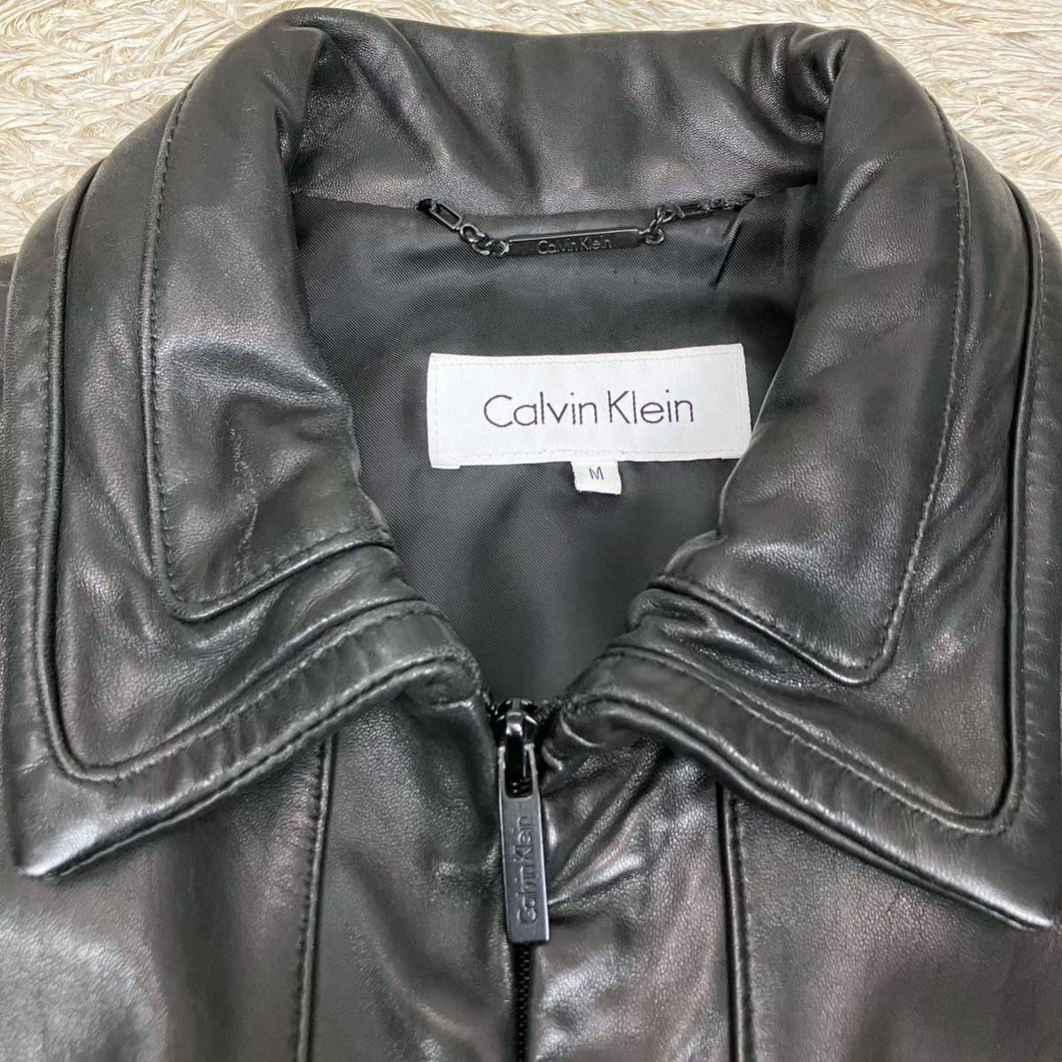 カルバンクライン Calvin Klein ラムレザージャケット シングルライダースジャケット ブラック メンズ M 黒 羊革 ジップアップブルゾン