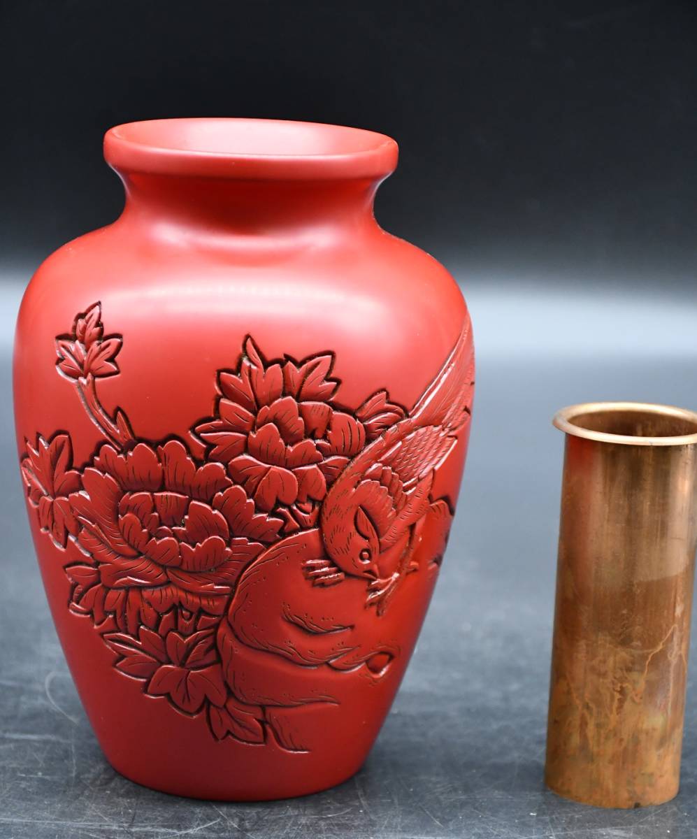 NY1-94 現状品 村上木彫堆朱 つぼ型 花瓶 花入 伝統工芸品 漆工芸 工芸 