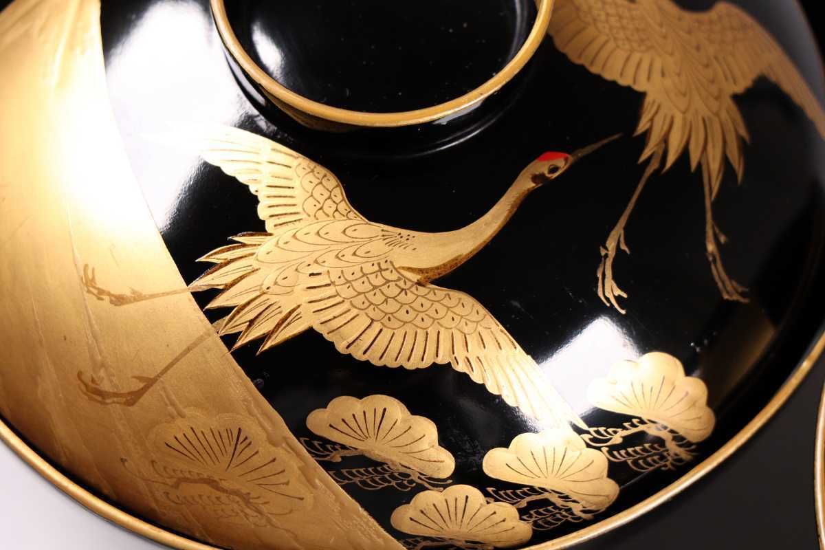 艶32】輪島塗 鶴松富士金蒔絵御吸物椀 二客 明治期黒塗椀 時代 艶32】輪島塗 鶴松富士金蒔絵御吸物椀 二客 明治期黒塗椀 時代