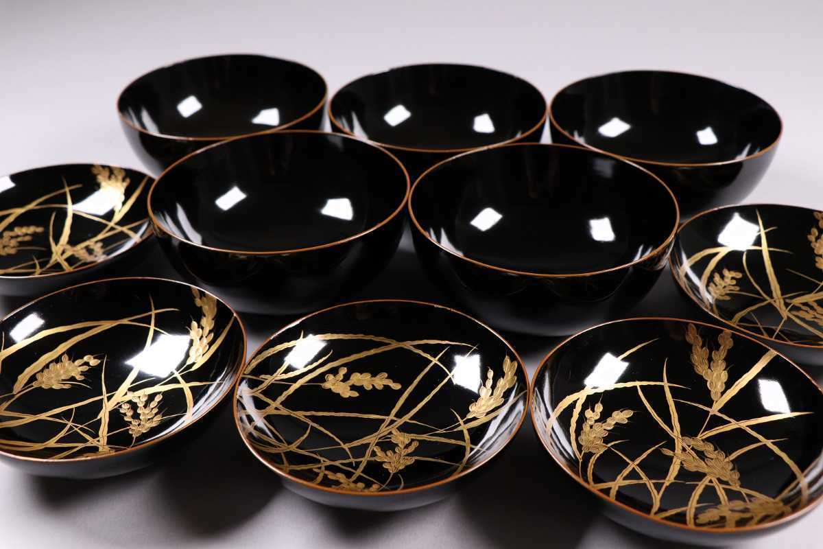 蔦47】輪島塗 稲穂に雀 金蒔絵黒塗汁椀五客 吸物煮物飯椀 伝統 蔦47】輪島塗 稲穂に雀 金蒔絵黒塗汁椀五客 吸物煮物飯椀 伝統
