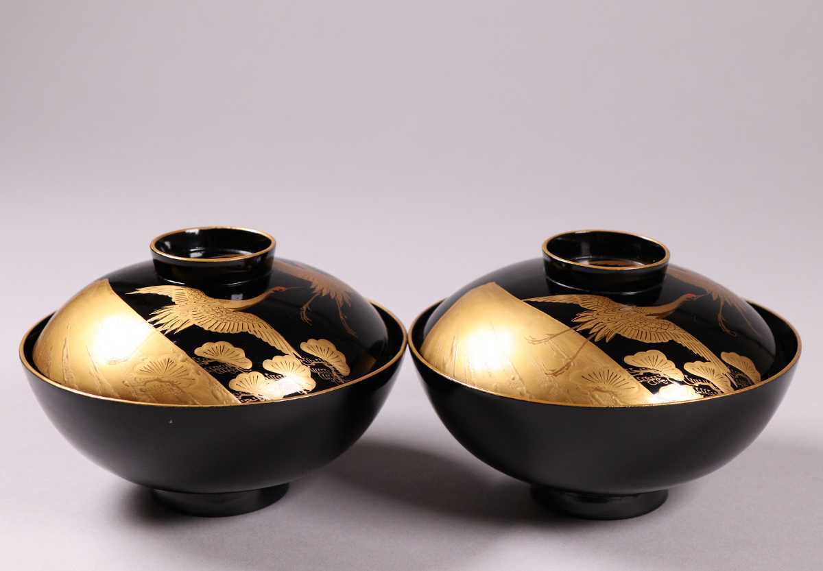 艶32】輪島塗 鶴松富士金蒔絵御吸物椀 二客 明治期黒塗椀 時代 艶32】輪島塗 鶴松富士金蒔絵御吸物椀 二客 明治期黒塗椀 時代