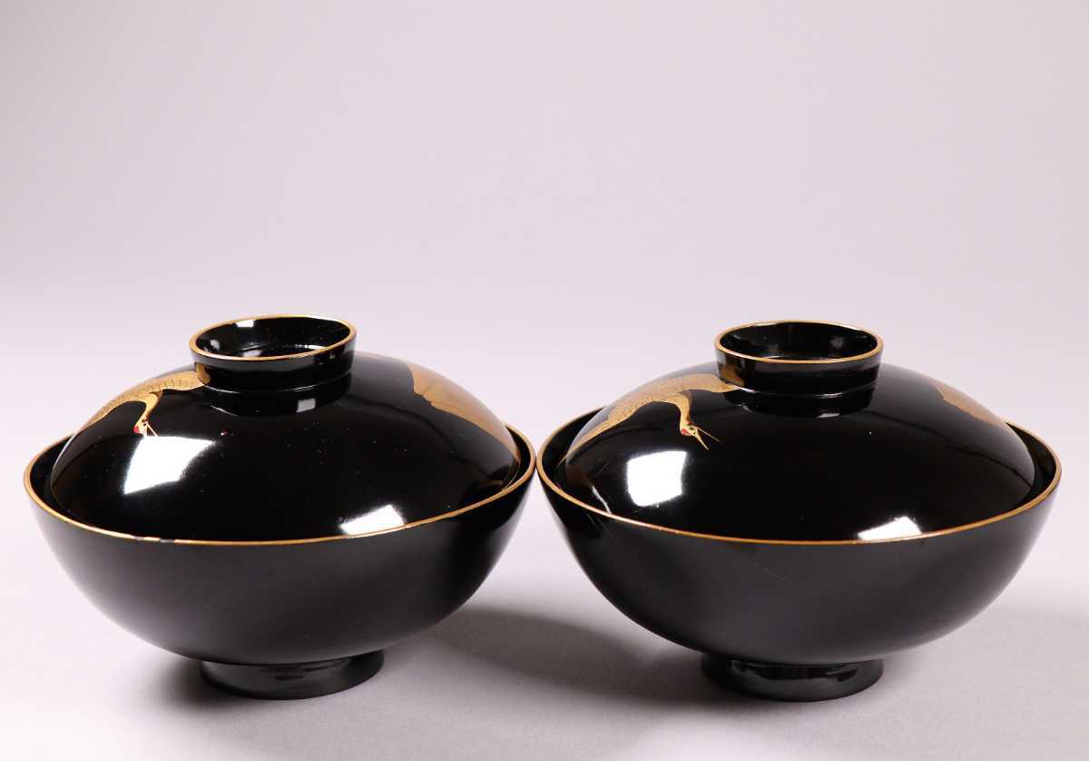 艶32】輪島塗 鶴松富士金蒔絵御吸物椀 二客 明治期黒塗椀 時代 艶32】輪島塗 鶴松富士金蒔絵御吸物椀 二客 明治期黒塗椀 時代