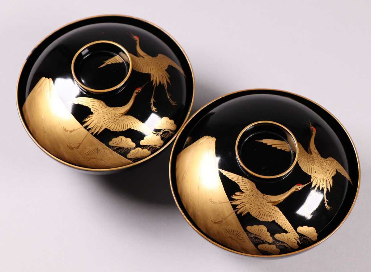 艶32】輪島塗 鶴松富士金蒔絵御吸物椀 二客 明治期黒塗椀 時代 艶32】輪島塗 鶴松富士金蒔絵御吸物椀 二客 明治期黒塗椀 時代