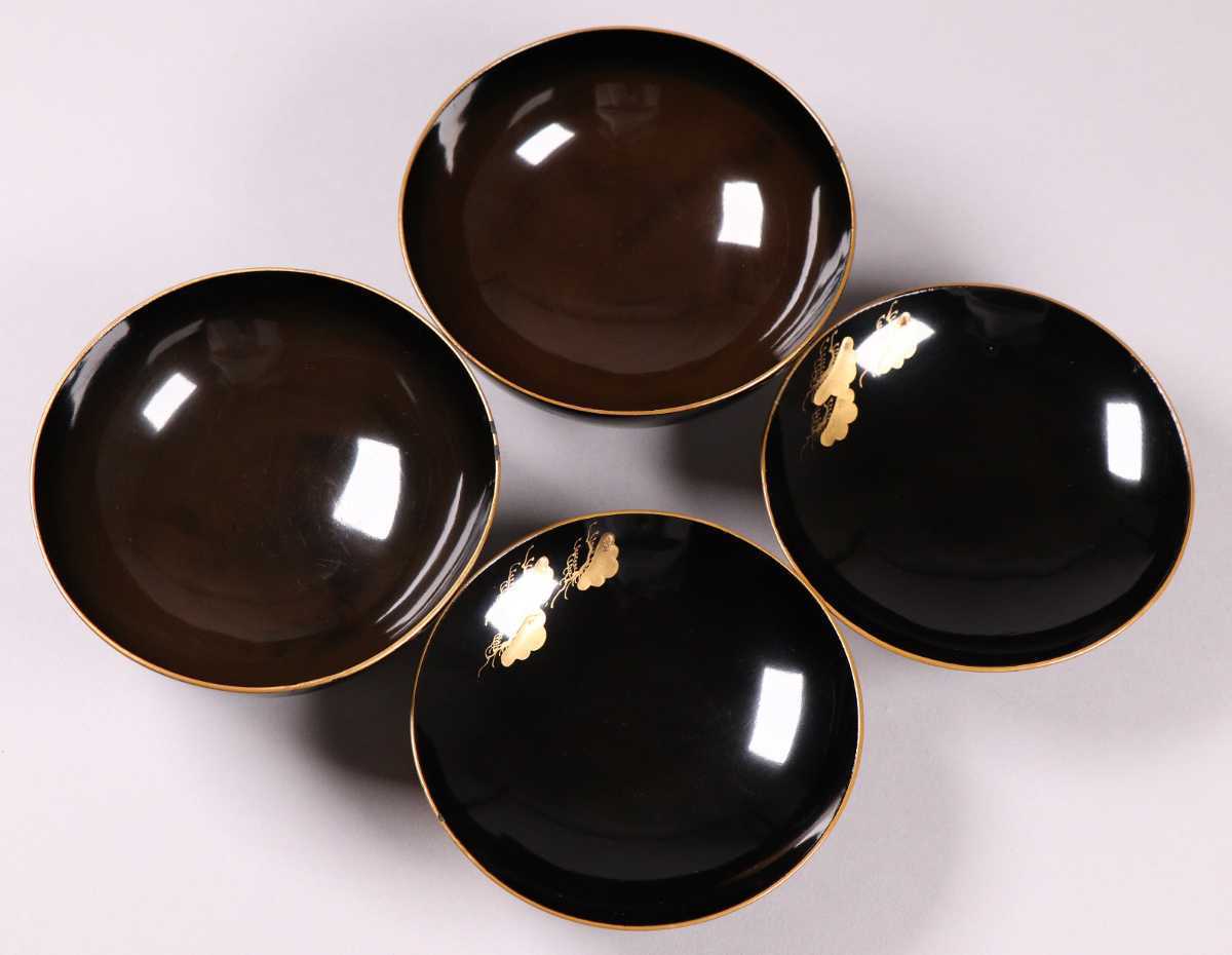 艶32】輪島塗 鶴松富士金蒔絵御吸物椀 二客 明治期黒塗椀 時代 艶32】輪島塗 鶴松富士金蒔絵御吸物椀 二客 明治期黒塗椀 時代