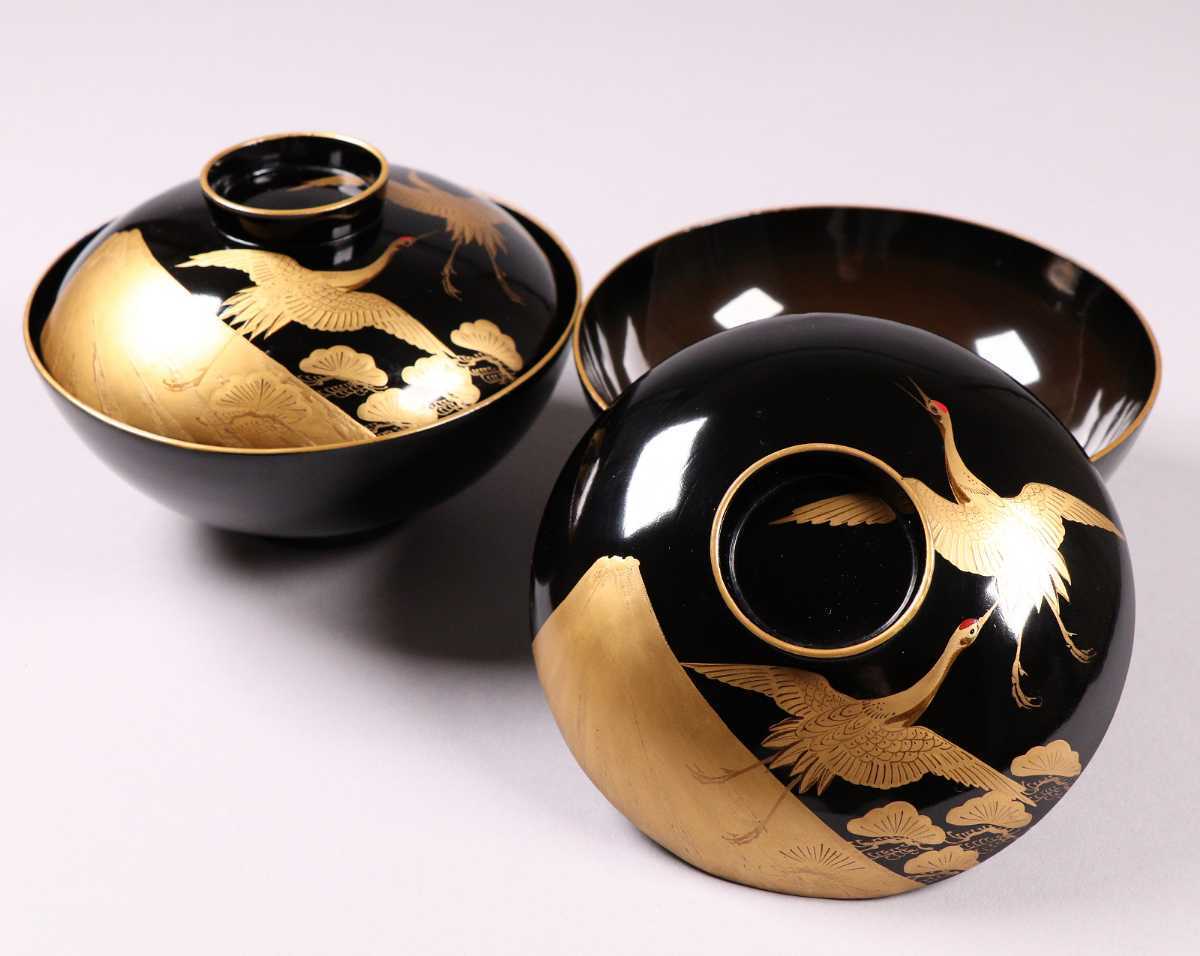 艶32】輪島塗 鶴松富士金蒔絵御吸物椀 二客 明治期黒塗椀 時代 艶32】輪島塗 鶴松富士金蒔絵御吸物椀 二客 明治期黒塗椀 時代