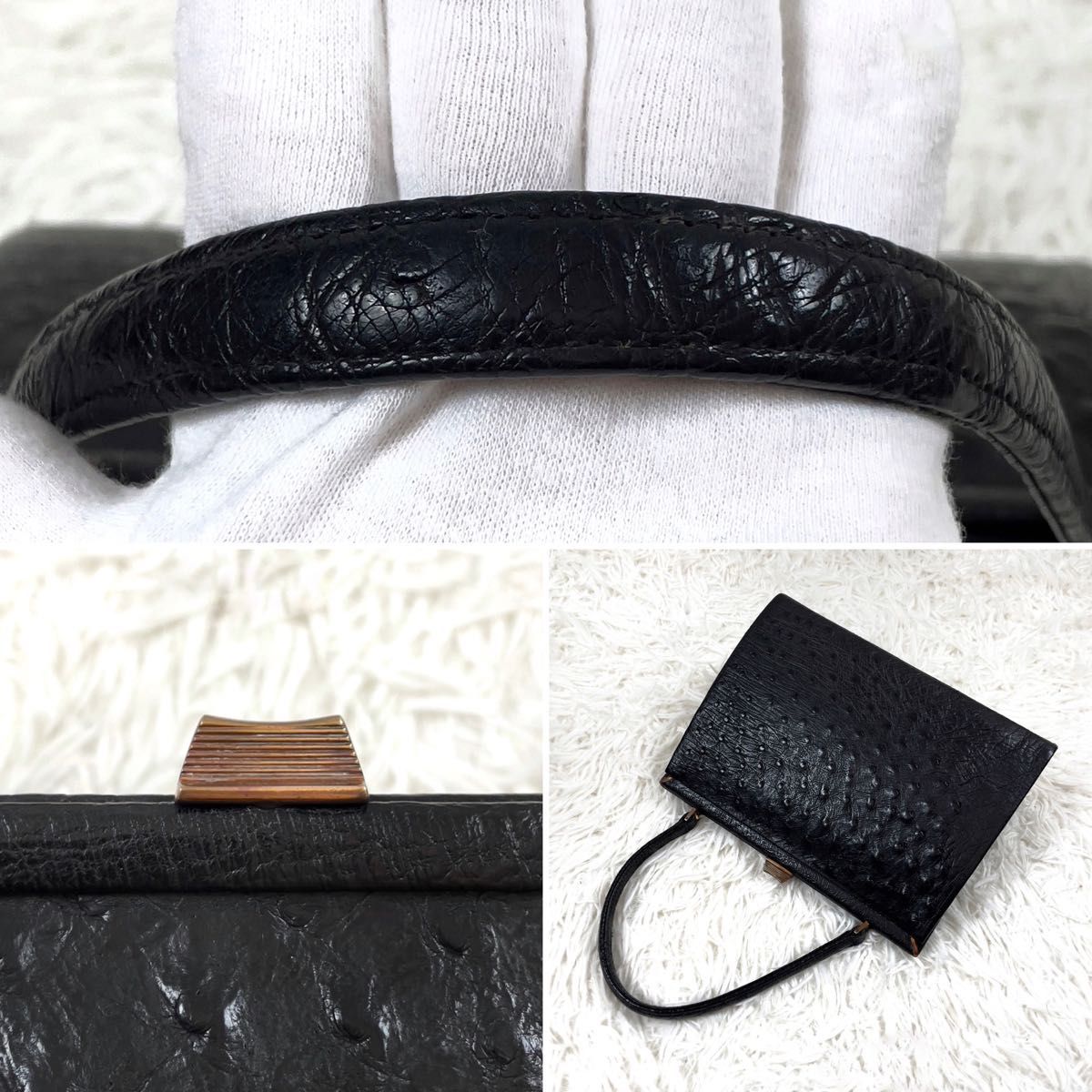 美品】【上品】オーストリッチ ハンドバッグ 黒 金具 台形 ワンハンドル-