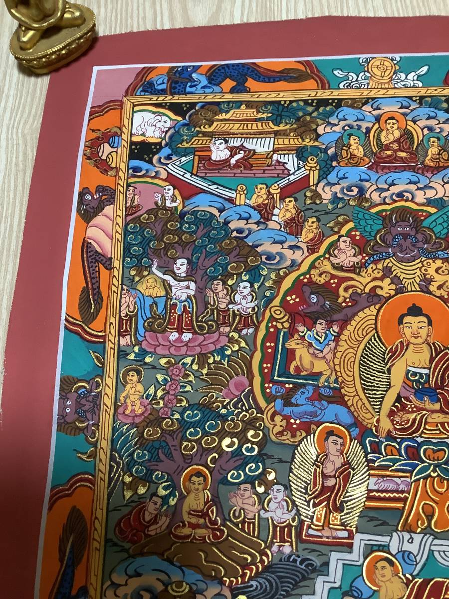 《 チベット密教　新品　1点物 》 釈迦の一生　仏教　密教　タンカ　曼荼羅　手描き　38_画像4