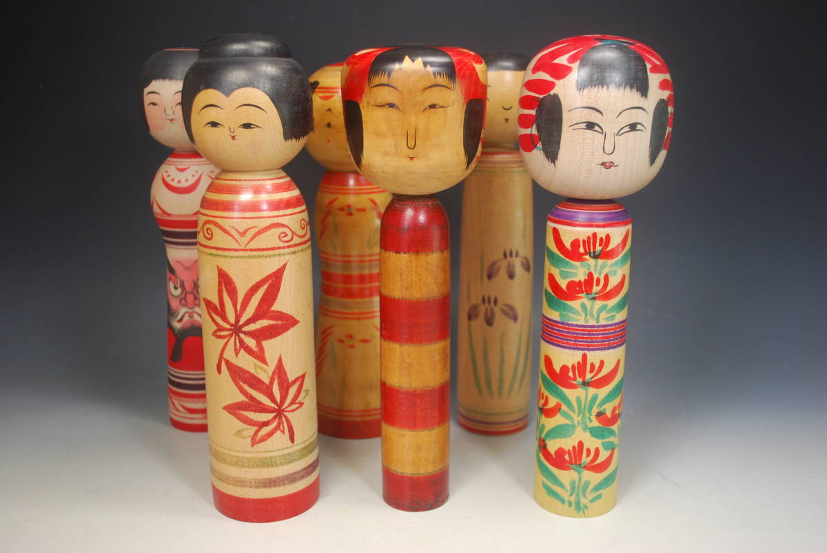 東北民芸品 伝統こけし8寸 約24cm 6体 土湯飯坂稲毛豊・肘折佐藤重之助
