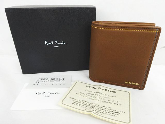 美品 Paul Smith ポールスミス 二つ折り財布 ボックス型 キャメル 茶色系 PSQ023 コンパクト 約9.5×9cm 箱 タグ付 ★2179_画像1