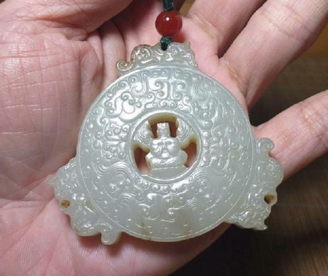 中国 唐物 砡 時代物 清代神人龍紋白玉飾 白玉