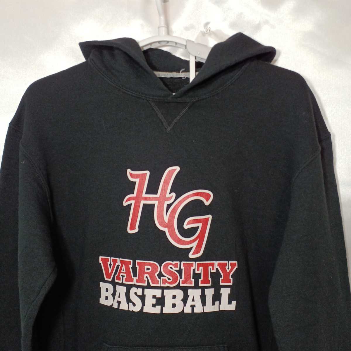 zcl-f37♪US古着 HG VARSITY BASEBALLバーシティベースボールプリント パーカーMサイズ ブラック_画像2