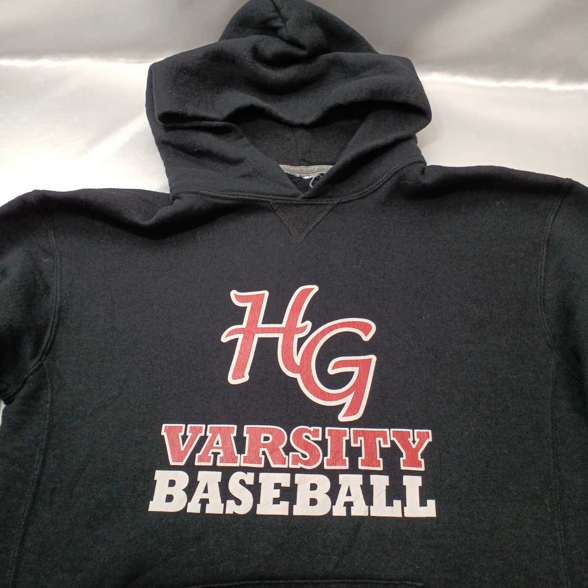 zcl-f37♪US古着 HG VARSITY BASEBALLバーシティベースボールプリント パーカーMサイズ ブラック