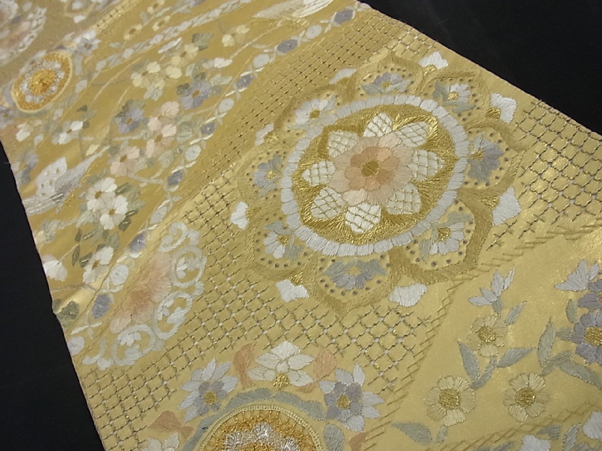 汕頭刺繍 スワトウ 相良刺繍 花鳥の図 錆納戸色 多色 金 袋帯 A776