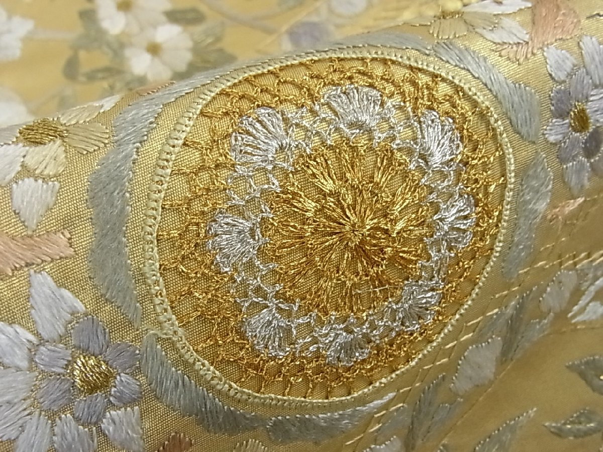 汕頭刺繍 スワトウ 相良刺繍 花鳥の図 錆納戸色 多色 金 袋帯 A776