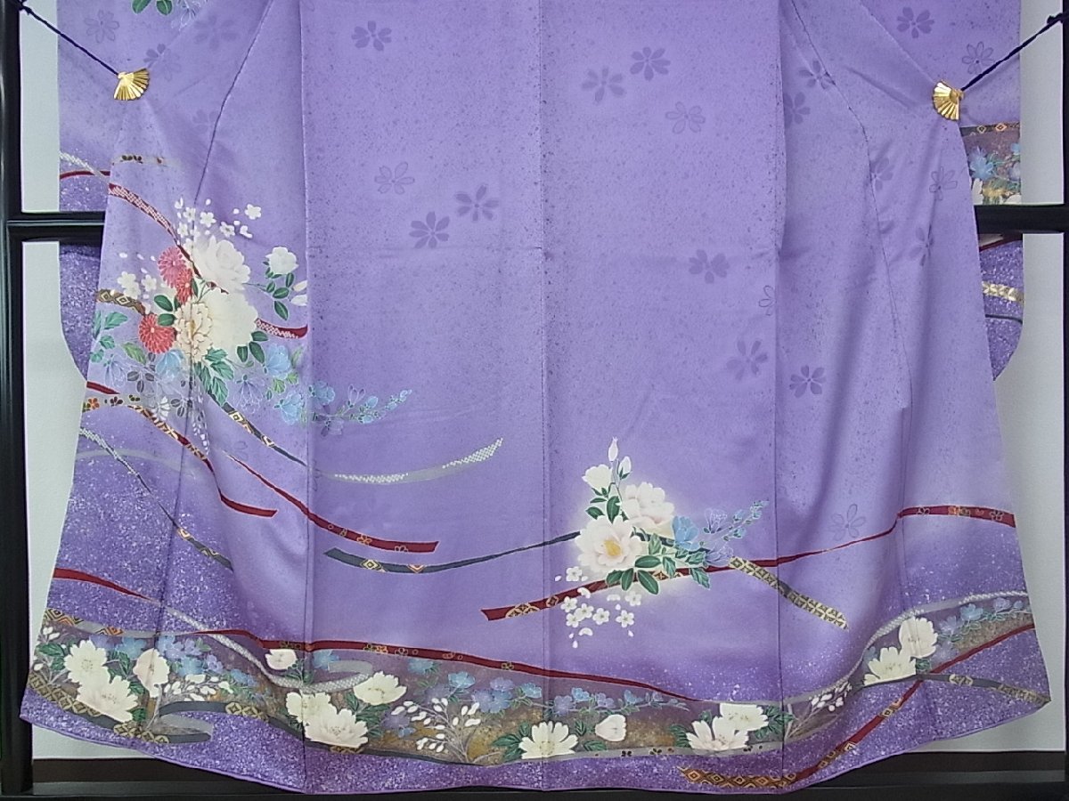 美品 豪華振袖 金駒刺繍 松竹梅 霞吉祥花文 暈し染め 金彩 シルク撥水