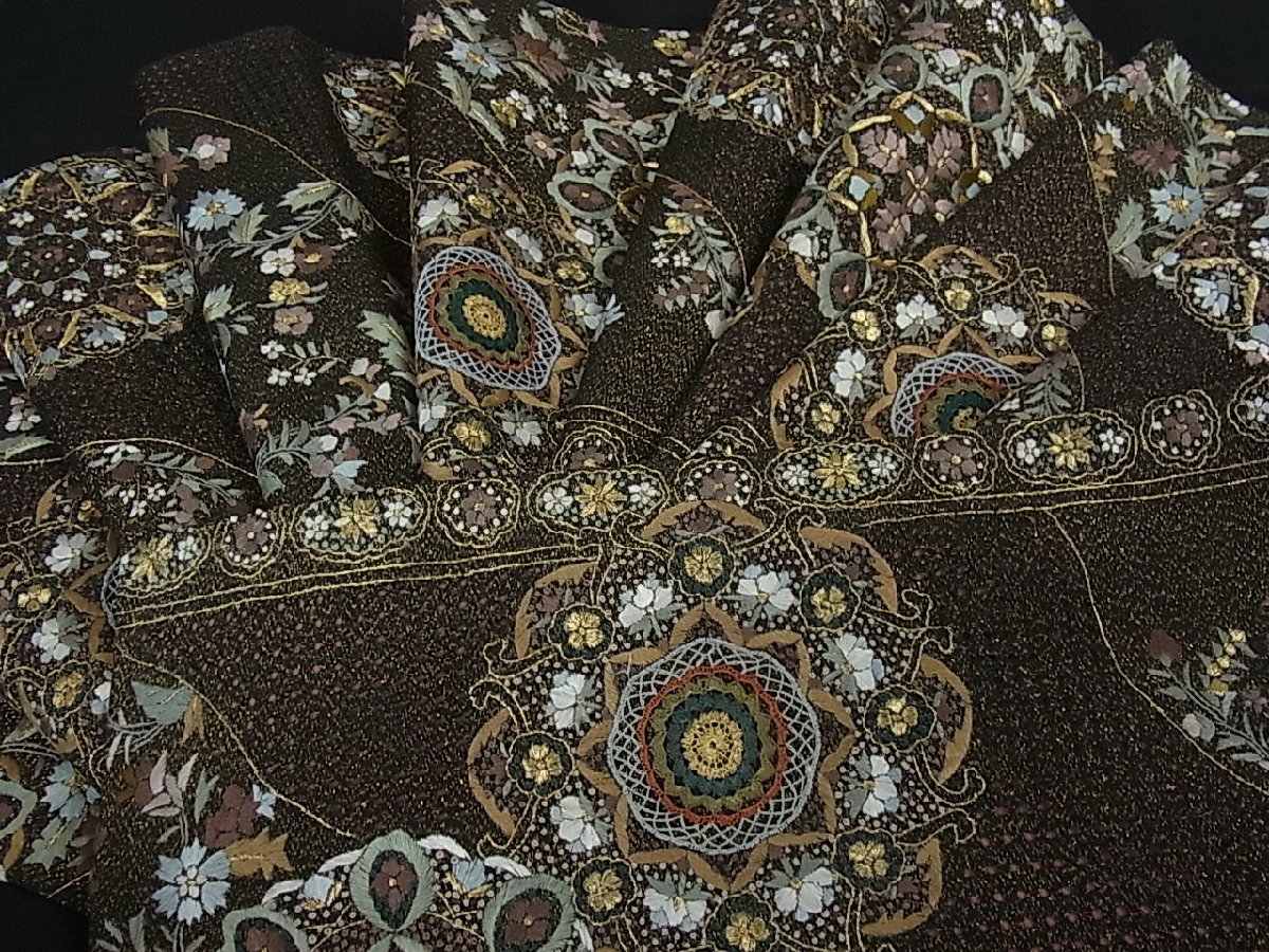 汕頭刺繍 スワトウ 相良刺繍 花鳥の図 錆納戸色 多色 金 袋帯 A776-20
