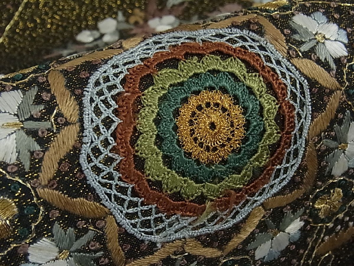 汕頭刺繍 スワトウ 相良刺繍 花鳥の図 錆納戸色 多色 金 袋帯 A776-20