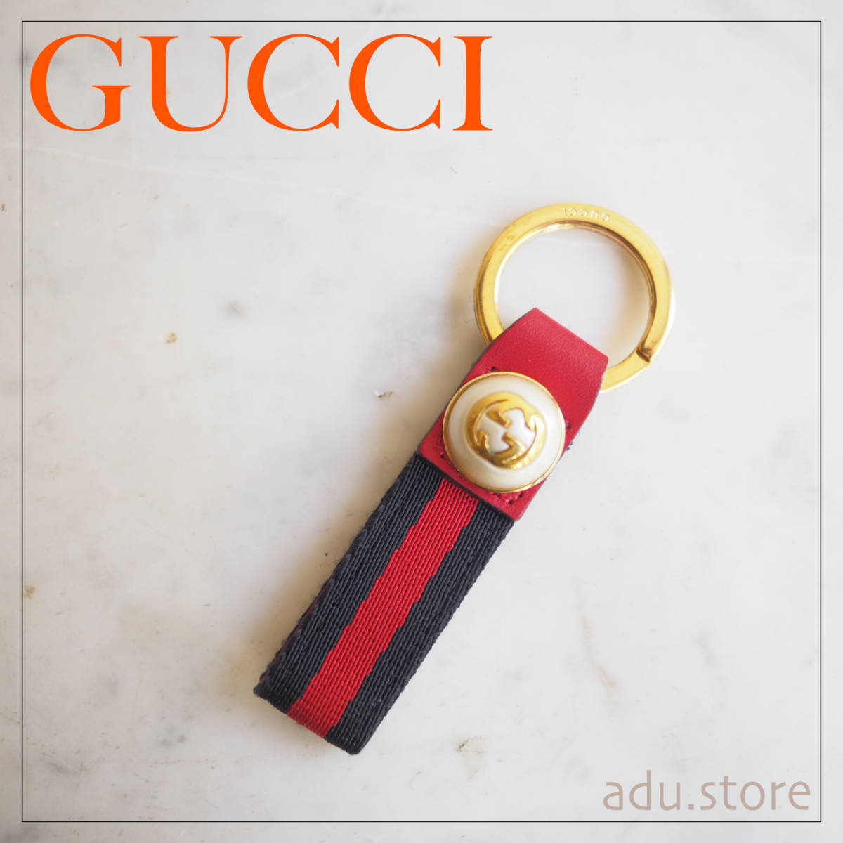 グッチ GUCCI シェリーライン パール キーホルダー マーモント 鍵 ネイビー 赤_画像1