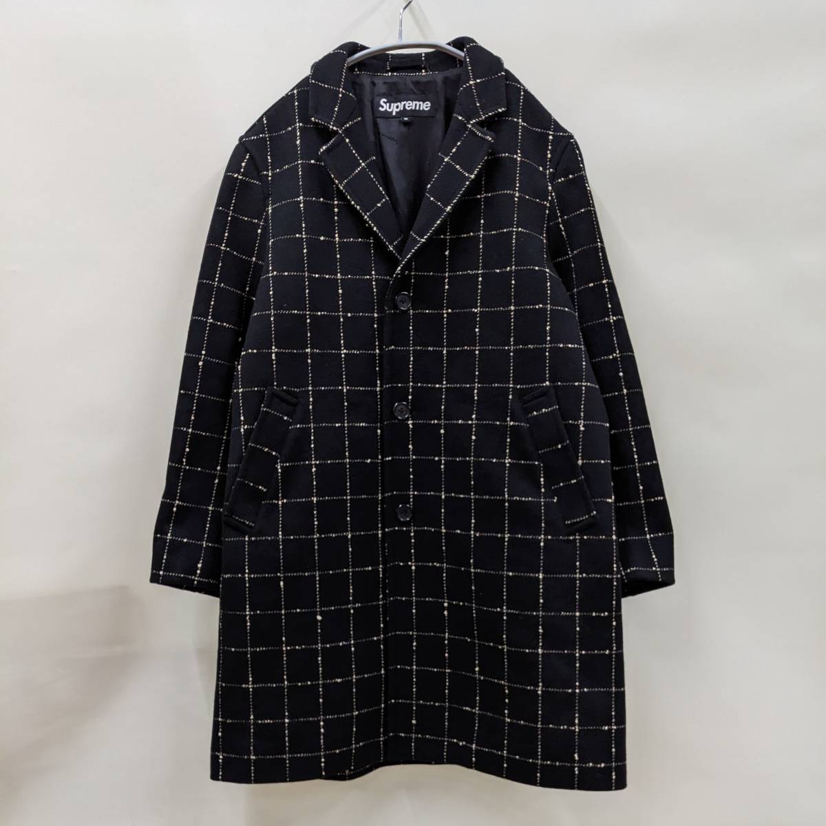 Supreme/シュプリーム/Wool Windowpane Overcoat/ステッチデザインウールチェスターコート/裏地シュプリームロゴ刺繍_画像3