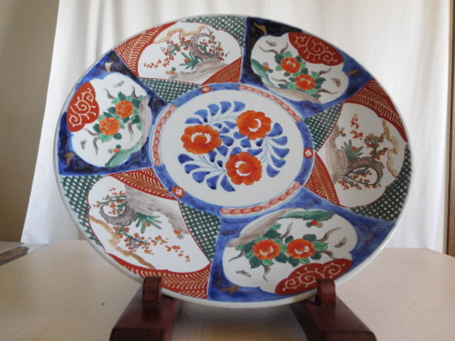 愛用 古伊万里 色絵 江戸時代 椿 牡丹花図 大皿 ４６ｃｍ 金襴手 - avg